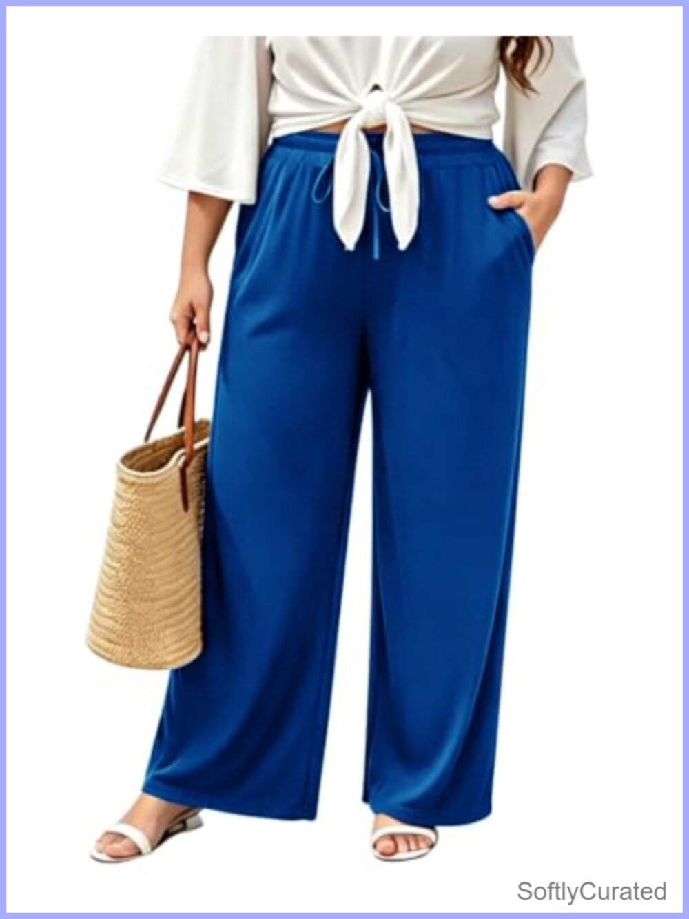 Plus Size Wide Leg Palazzo Pants High Waist Drawstring Pockets Trousers